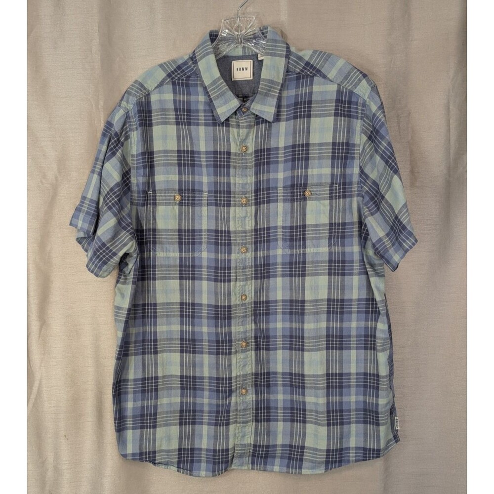 ROWM Light Blue Green Plaid Button Down Shirt Men's Size XL Pockets